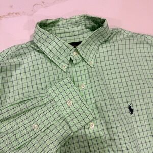 Ralph Lauren Button Down Shirt Mens L Green Check Plaid Long Sleeve Pony Logo